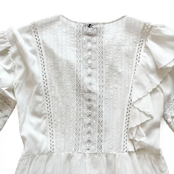 Sea New York Tie Neck Mini Dress White Size 4 Ruffle, Pom-Pom & Tassel Accents - Picture 6 of 14